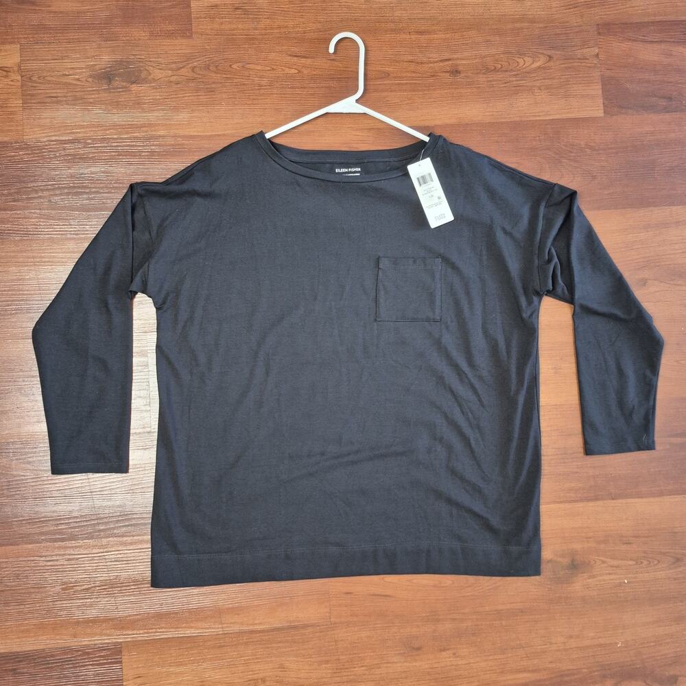 Eileen Women's Large 3/4 Sleeve Black Box-Top Sweater Bateau Neck